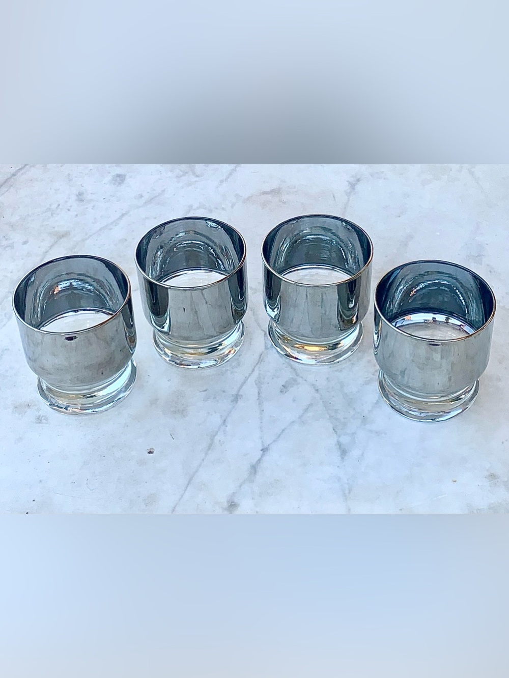 DOROTHY THORPE FOOTED LOWBALL ROCKS GLASSES SET 4 MID CENTURY SILVER STACKABLE